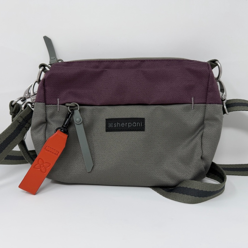 Sherpani Greenish Gray Purple Colorblock Crossbody Bag Logo Zipper Bag Charm